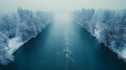 Wall Mural - Serene Winter River Landscape in Fog with Snow-Covered Trees and Calm Water Reflection