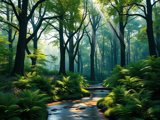 Wall Mural - Lush green forest with tall trees and a winding stream running through it, outdoors, nature reserve, forest, foliage