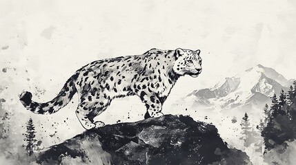 Wall Mural - Majestic Snow Leopard on Mountain Peak A Watercolor-Style Illustration.