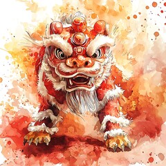 Canvas Print - Vibrant Watercolor Painting of a Chinese Lion Dance Costume.