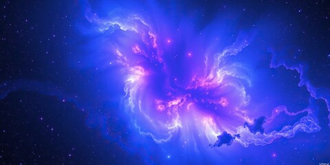 Wall Mural - cosmic blue nebula with glowing purple stars and swirling silver clouds, vast, glow, silver