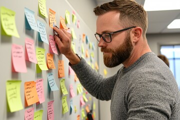 Poster - visualization of backlink strategies on a whiteboard surrounded by colorful sticky notes in a modern