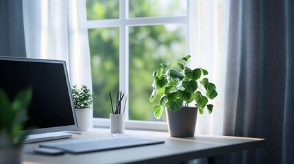 Leinwandbilder - Minimalist Office Desk with Modern Computer and Greenery by Sunny Window View : Generative AI