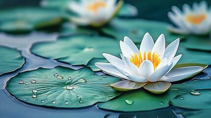 Poster - Beautiful White Lotus Flower Blooming on Tear Dropped Leaves with Dew Drops : Generative AI