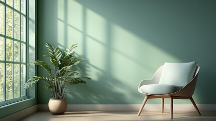 Poster - Modern interior with green walls elegant armchair and potted plant in sunlight through large windows : Generative AI