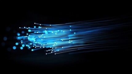 Aufkleber - Blue Fiber Optic Cables Glowing with Light Pulses Against a Dark Background, Representing High-Speed Data Transmission and Connectivity in Digital Networks