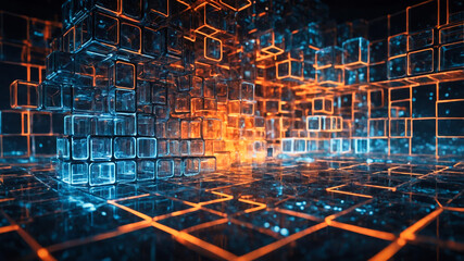 Poster - Interconnected transparent cubes in an abstract technology composition