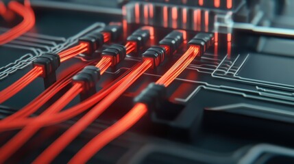 Poster - Close-Up View of Red Electrical Cables on a Circuit Board with Intricate Connections and Luminous Effects, Representing Modern Technology and Innovation