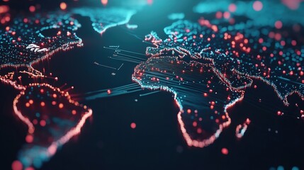 Aufkleber - Colorful Digital World Map Representation with Glowing Dots and Lines Showing Global Connections and Data Flow for Technology, Internet, and Communication Themes
