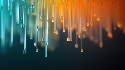 Fototapete - Abstract background with colorful glass tubes hanging in a gradient of orange, turquoise, and black, creating a modern artistic effect for use in various creative projects.