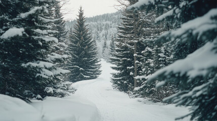 Wall Mural - Snowfall in winter forest.Beautiful landscape with snow covered fir trees and snowdrifts.Merry Christmas and happy New Year greeting background with copy-space