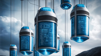 Poster - Fantasy high tech capsules hanging over a mountain landscape