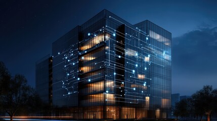 Poster - Modern Architecture at Night Showcasing Innovative Lighting and Futuristic Design, Illuminated Glass Facade with Digital Technology Representation and Urban Landscape