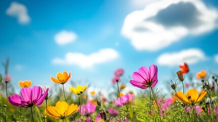 Poster - Vibrant Wildflower Meadow Under Bright Blue Sky with Puffy Clouds : Generative AI