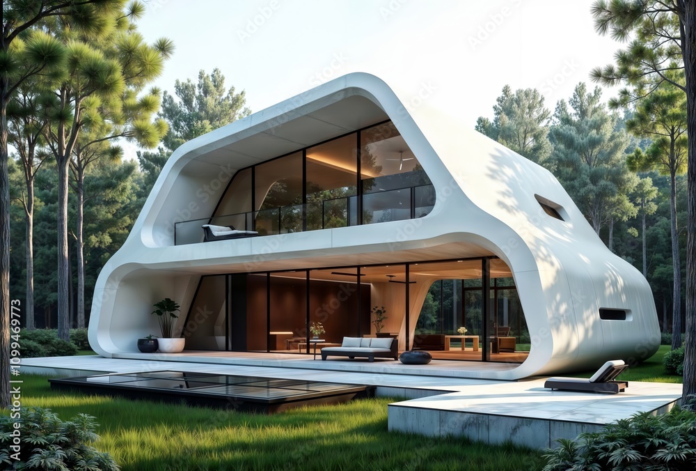 Modern curved house design. A sleek, futuristic two-story house with ...