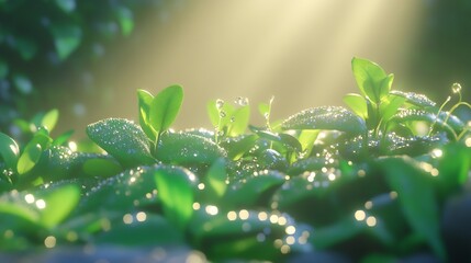 Poster - Morning Dew on Leafy Green Plants with Sunlight Creating a Serene Natural Scene : Generative AI