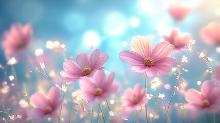 Poster - Vibrant Pink Cosmos Flowers in Full Bloom with Dreamy Background : Generative AI