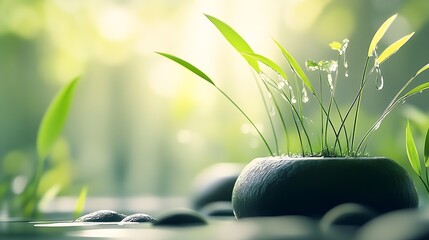 Aufkleber - Serene Zen Garden Scene with Fresh Greenery and Water Droplets in Tranquil Morning Light : Generative AI