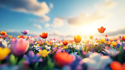 Poster - Vibrant Field of Colorful Tulips Under Clear Blue Sky at Sunrise : Generative AI
