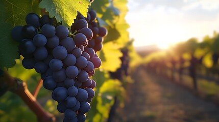 Aufkleber - Close-up of Ripe Black Grapes in Vineyard at Sunrise with Fresh Foliage : Generative AI