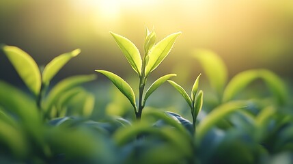 Aufkleber - Close-Up of Fresh Green Tea Leaves with Morning Sunlight : Generative AI