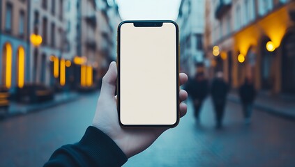 Poster - Blank Smartphone Screen in Urban Street Background Held by Person for Mockup : Generative AI