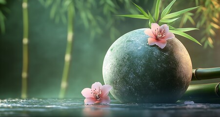 Poster - Harmonious Zen Setting with Bamboo and Delicate Blossoms in Natural Landscape : Generative AI