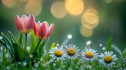 Poster - Delicate Spring Blooms with Daisies and Tulips in Morning Light : Generative AI
