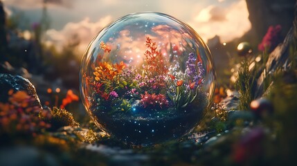 Poster - Enchanted Bubble World with Flora and Light in a Mystical Natural Setting : Generative AI