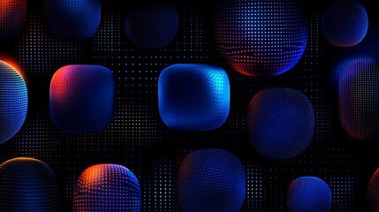 Poster - Abstract Digital Background Featuring Colorful Spheres and Cubes with Dotted Patterns in Vibrant Blue and Red Shades on a Dark Canvas