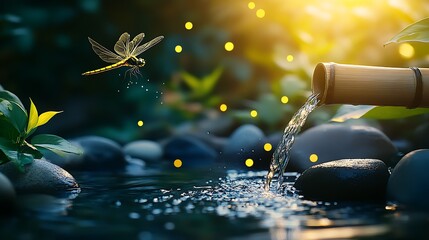 Poster - Enchanting dragonfly gracefully hovering over tranquil garden stream : Generative AI