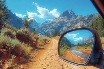 Wall Mural - Summer reflection of grand tetons in car mirror  a scenic journey through nature and adventure