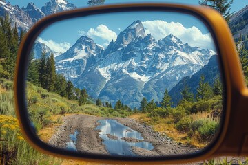 Wall Mural - Summer reflection of the grand tetons in car mirror surrounded by lush greenery and blue skies