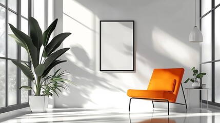Poster - Contemporary living space with orange accent chair and indoor plants in bright white minimalist room : Generative AI