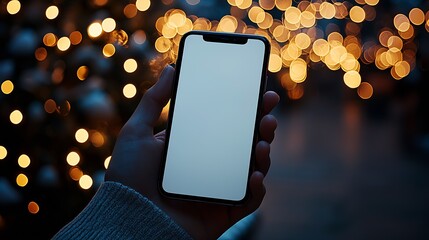 Poster - Close-up of a hand holding smartphone with blank screen in festive lights : Generative AI