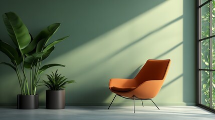 Poster - Modern Minimalist Interior Design Living Room with Green Walls and Orange Chair : Generative AI