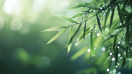 Aufkleber - Serene Bamboo Leaves with Morning Dew in Green Bokeh Background for Tranquil Atmosphere : Generative AI