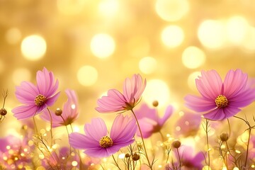 Aufkleber - Field of Pink Cosmos Flowers Glistening Against Warm Bokeh Light in Spring : Generative AI