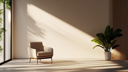 Poster - Elegant Minimalist Living Room with Armchair and Sunlight Through Large Window : Generative AI