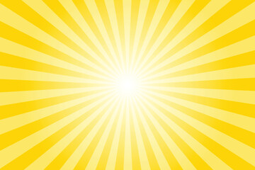 Poster - Sun ray vector background. Cyber yellow radial beam sunrise or sunset light retro design illustration. Light sunburst glowing background.