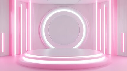 Aufkleber - Minimalist Pink Futuristic Stage Setup with Neon Circular Lights and Sleek Design : Generative AI