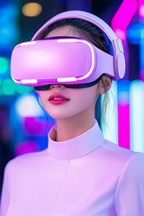 Poster - a woman in futuristic attire uses ar glasses amidst a cyberpunk backdrop, surrounded by a holographi