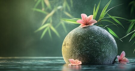 Poster - Peaceful Zen Oasis Featuring Bamboo Leaves Calm Stones and Natural Blossoms : Generative AI