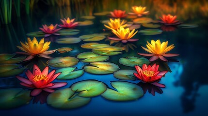Aufkleber - Captivating Water Lilies and Floating Lily Pads in a Peaceful Reflected Water Garden : Generative AI