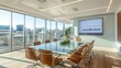© logyartstudios - Modern conference room with large windows, a glass table, and a digital display.