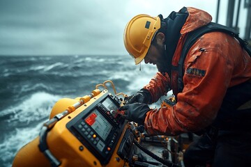 Poster - a rugged and weathered oil rig technician meticulously inspects and maintains the complex machinery 