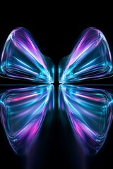 Poster - Futuristic Abstract Design with Vibrant Blue and Pink Light Trails Creating a Symmetrical Reflection on a Dark Surface