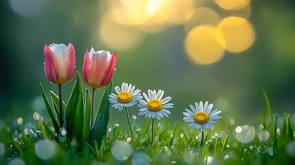 Poster - Tulips and Daisies in a Dewy Meadow with Soft Morning Sunlight : Generative AI