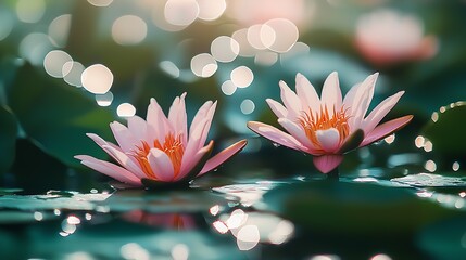 Aufkleber - Graceful Water Lily Duo in Blossom Reflecting Elegance in a Calm Aquatic Setting : Generative AI