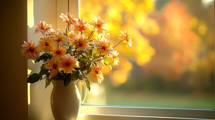 Poster - Elegant Vase of Autumn Flowers on Windowsill with Beautiful Bokeh and Glowing Sunset : Generative AI